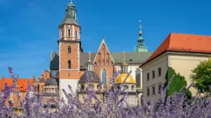 Historyczne zabudowania Zamku Królewskiego na Wawelu w Krakowie w słoneczny dzień.