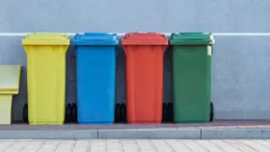 Rzędy kolorowych pojemników na odpady ustawione przy szarej ścianie budynku w mieście.